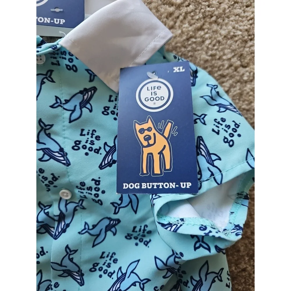 Life Is Good Seafoam Dog Button-Up Shirt Whale Print XL